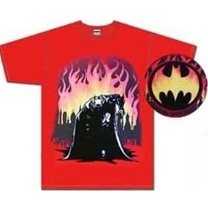 Batman shirt with Batman on one knee with Gotham City engulfed in flames