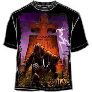 Here Lies Spiderman dead Venom crawling from the grave bright ink t-shirt